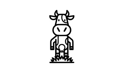 Fototapeta premium Funny cartoon cow mascot standing on grass bold outline black sketch vector isolated on white background