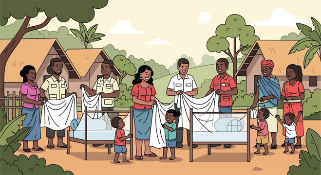 Community health workers demonstrate mosquito nets to families.