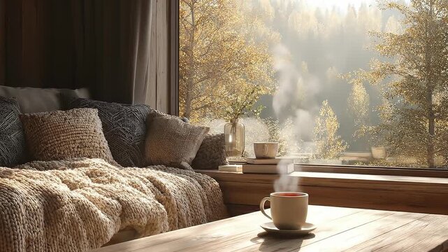 Cozy living room scene with a chunky knitted blanket and textured cushions on a wooden sofa; steam rises from a mug on a light wood table by a sunlit window