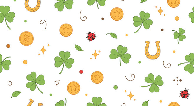 Saint Patrick&rsquo;s Day seamless pattern with shamrocks gold coins horseshoes and ladybugs festive Irish holiday vector background