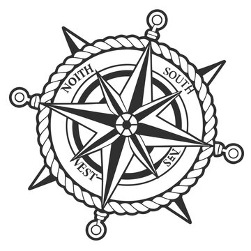 Vintage nautical compass rose with decorative rope frame and cardinal directions for maritime navigation and adventure theme