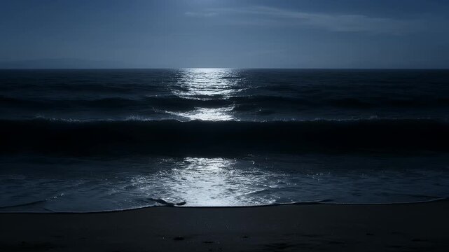 Moonlight path illuminates dark ocean waves crashing on a serene, shadowy beach at night