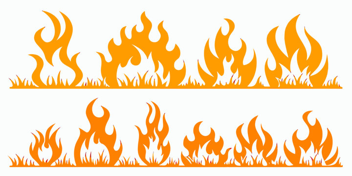 Set of fire flames and burning grass vector silhouettes. isolated elements for print, design. fire border and brush collection