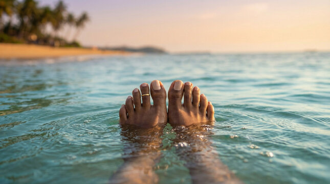 Woman&rsquo;s feet with nude pedicure by turquoise water, luxury beach relaxation and summer travel concept