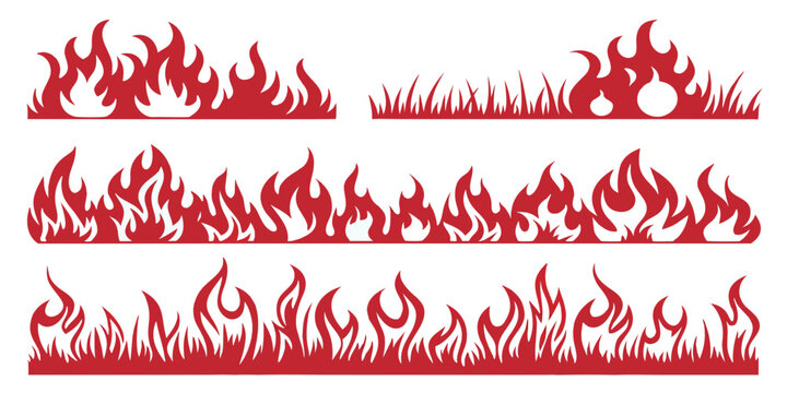 Set of fire flames and burning grass vector silhouettes. isolated elements for print, design. fire border and brush collection