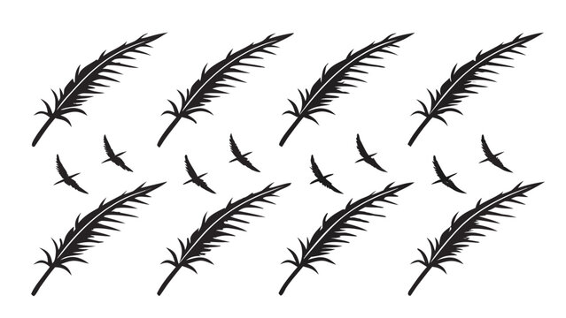 Feathers and small birds flying in rhythmic pattern graphic design natural elements repeating motif whimsical movement airborne creatures nature inspired pattern