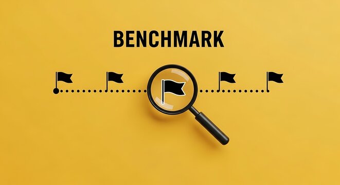 Magnifying glass focuses on benchmark flag along dotted line progression
