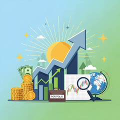 Fototapeta premium Illustrative graphic depicting financial growth, investment portfolio, stock market analysis, and global economic trends with rising sun.