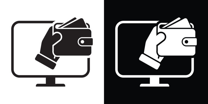 Vector icon of a hand holding a wallet full of cards coming out of a computer screen. Modern concept for e-commerce, online payments, digital banking, and internet shopping transactions.