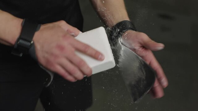 Barbell lifter applies chalk to hands for better grip in training session at gym