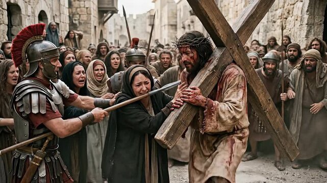 Jesus Christ, carrying his cross, on Good Friday, to Calvary, Via Dolorosa, ancient street, Roman soldiers, sorrowful crowd, profound sacrifice