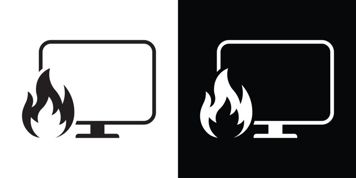 Minimalist vector icon of a computer monitor with a flame or fire symbol. Represents trending topics, hot content, breaking news, viral media, or system overheating and hardware alerts.