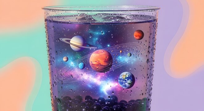 Surreal cosmic galaxy bubble tea drink with planets inside glass cup