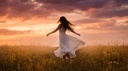 Obraz premium Woman in flowing white dress dancing barefoot in meadow at sunset, romantic freedom lifestyle scene