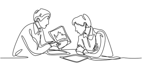 Continuous one line drawing of two business professionals discussing a document on a desk Vector, illustration, Continuous line drawing of two businessman talking and discuss about document. Business
