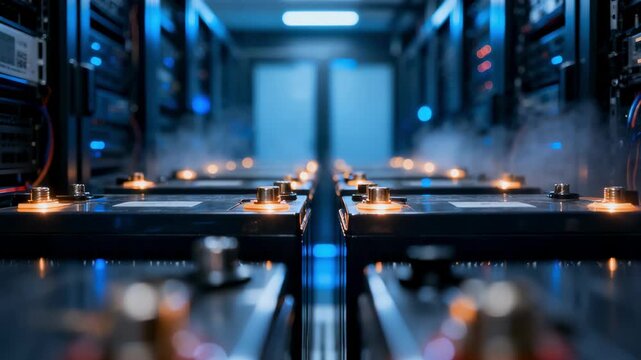 Resilient energy storage backup batteries sharply in frame surrounded by a softly blurred sustainable data center ensuring uninterrupted global news services.