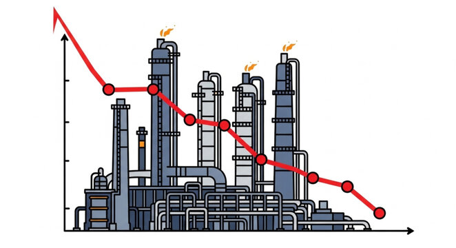 Industrial Decline - Factory Downturn with a Declining Graph Overlay.