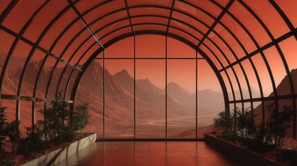 Fototapeta premium Silhouetted view of martian sunset through arched greenhouse glass, crimson peaks and long shadows create dramatic mood, contemplative observation point for habitat occupants and photographers seeking