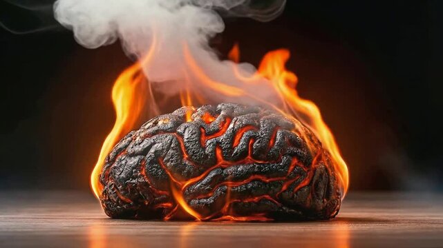 Human brain burning with intense orange flames and rising smoke. Surreal anatomical visualization of mental burnout or cognitive overload. Lockdown medium shot.