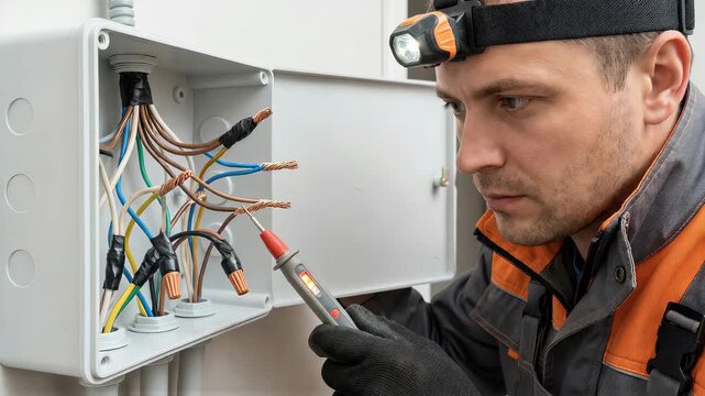 Electrician man tests electrical wiring in a white junction box wearing a headlamp. Electrical maintenance and installation concept.