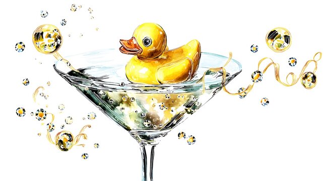 Glamorous Rubber Duck Illustration Bubbles Champagne High Fashion Artistic Glossy Reflections Delightful Luxury Image