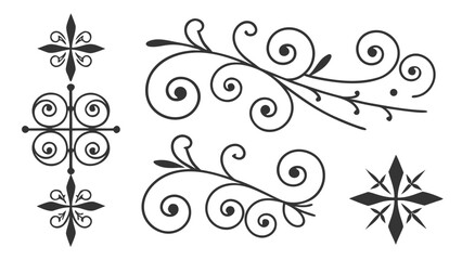 Obraz premium Wrought iron scrollwork patterns and floral symbols for blacksmithing and metal fence design elements in classic victorian and baroque style vector
