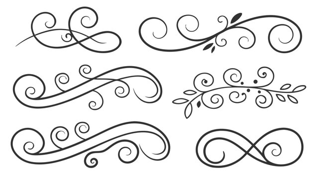 Elegant swirl ornaments and decorative dividers for invitations cards and graphic design flourishes lines and floral elements