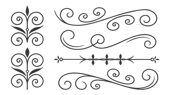 Collection of hand drawn calligraphic flourishes and elegant dividers in black ink on white background for wedding stationery and luxury menu design