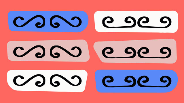 Symmetrical black mustache style scroll ornaments on colorful rectangular backgrounds including blue white and peach tones for diverse creative usage