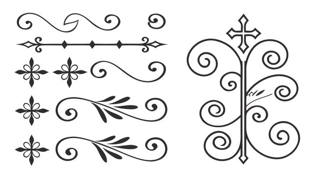 Black vintage iron gate decorative elements with scrolls and cross symbol isolated on white background for architecture design and metal ornaments