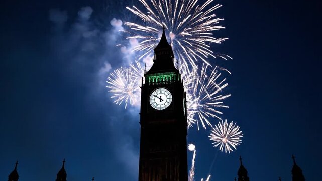 Dazzling pyrotechnics burst over an iconic clock landmark during an evening of grand festivities and public gathering