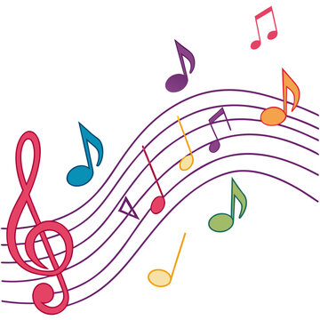 Music notes on staff with treble clef vector illustration for artistic musical background design featuring colorful melodies and rhythmic notation