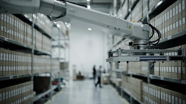 Focused shot on the automated crane extending toward shelves in an archive retrieval setting with the loading bays activity rendered indistinct.