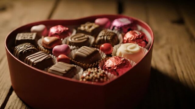 Heart shaped box of gourmet chocolate candies on wooden surface