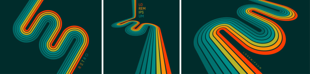 A retro 1970s-style background. Colorful lines. Abstract, dynamic curved ribbons. A serpentine curve of a race track. Designed for posters or banners for sports competitions. Vector illustration. © Login
