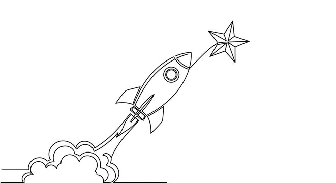 Single line drawing illustrates a cartoon rocket launching upwards toward a bright star symbolizing aspiration and rapid growth