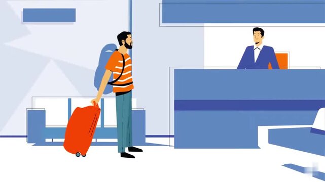 Traveler checking in at airport counter animation, travel and tourism concept with passenger and luggage