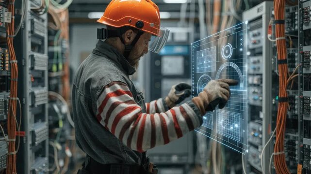 Technician reviewing AIdriven analytics on copper loop faults interface screen clear with graphical data surrounding telecom cables and panels deliberately out of focus.