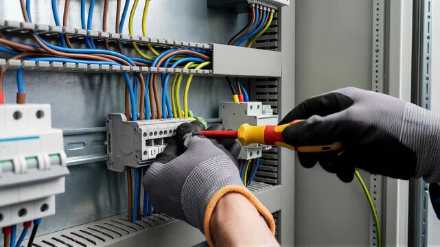 Male electrician installing electrical wire using screwdriver. Worker hand in safety glove connecting cables to a terminal in control panel.