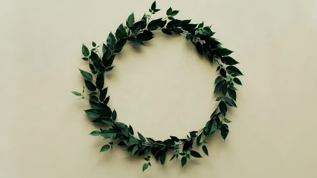 Elegant green leaf wreath arranged in a circular frame on a soft beige background.