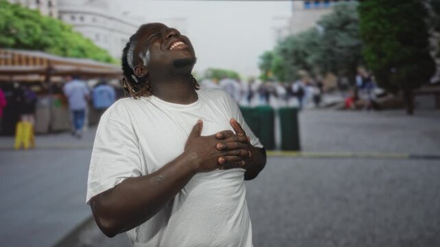 Man clutching chest and holding palms over sternum during possible heartattack in busy outdoor street market with souvenir stalls and shoppers; pain emergency.