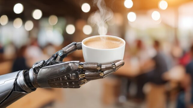 Robot holding hot cup of coffee in cafe. Robotic hand serving warm drink. Futuristic technology and artificial intelligence in daily life. Innovation in service industry and hospitality.