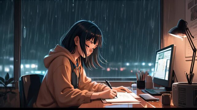 Anime girl studying at desk during rainy night, cozy lofi workspace scene
