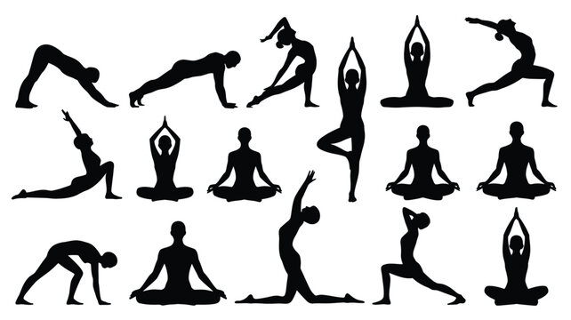 Collection of black silhouettes of people practicing various yoga poses on white background for fitness and wellness concepts