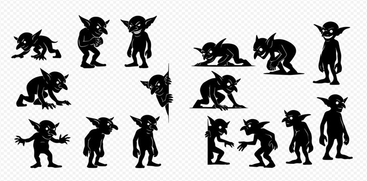 Set of black silhouettes of goblins in various poses, isolated on a transparent background.