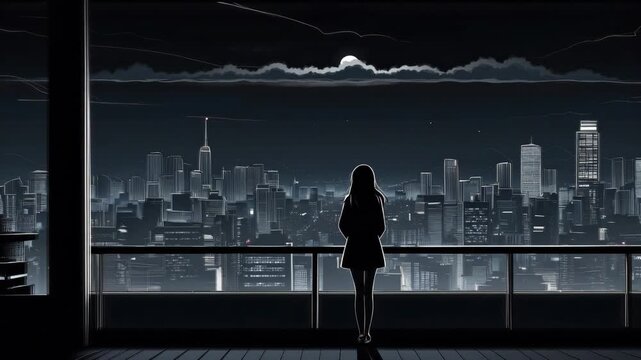 Silhouette anime girl looking at city skyline under moonlight, calm night urban scene