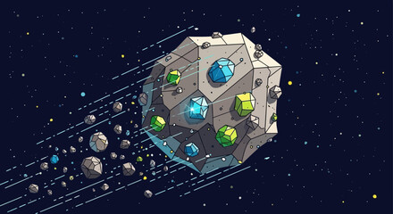 Asteroid with colorful minerals fragmenting space. © Untung