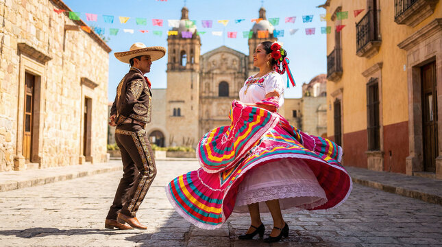 Mexican Folk Dancers Cinco de Mayo, a man and a woman in traditional Mexican folklorico dance costumes, dancing on a sunlit colonial plaza,.

