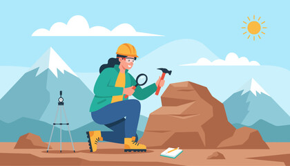 Fototapeta premium Geologist Examining Rock Formation with Magnifying Glass and Hammer.