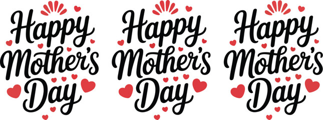 Fototapeta premium Happy Mother’s Day pattern, seamless repeating design, black brush lettering, red hearts, shell accents, decorative curved text, modern greeting design
